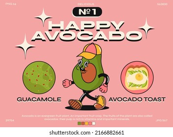 Caricatura divertida. afiche de moda. Imagen vectorial de un alegre aguacate. elementos de guacamole y tostada aguacate. Conjunto de elementos cómicos en estilo de dibujos animados retro de moda.