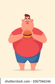 Funny Cartoon Character. Fat man with Burger. Vector Illustration