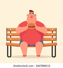 Funny Cartoon character. Fat Man Sitting on Bench and Eating Burger. Vector Illustration