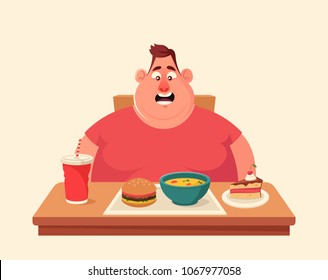 Funny Cartoon Character. Fat Man Sitting at the Table with a Lot of Tasty Food. Vector Illustration