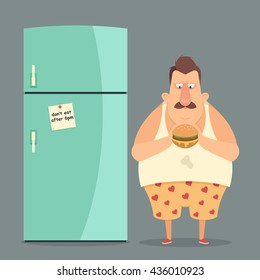 Funny Cartoon Character. Fat Man Standing Near the Fridge and Eating a Burger. Vector Illustration