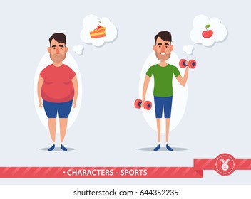 Funny Cartoon Character: Fat and Strong. Healthy Lifestyle Concept. Vector Illustration
