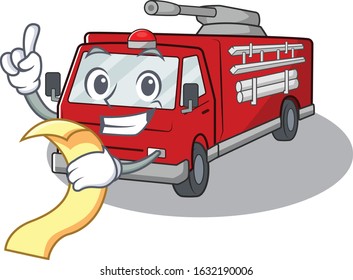 A funny cartoon character of fire truck with a menu