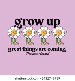 Funny cartoon character of flower. Can be used as Sticker, posters, prints. Retro cartoon style. Vector illustration