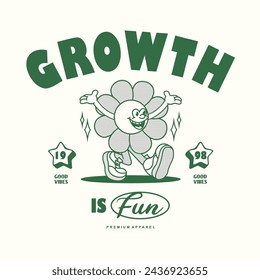 Funny cartoon character of flower. Can be used as Sticker, posters, prints. Retro cartoon style. Vector illustration