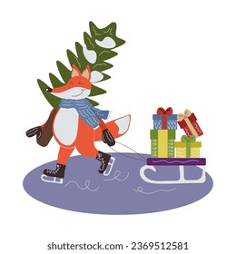 A funny cartoon character of a fox on skates comes from the forest with a Christmas tree and a sleigh with gifts. Vector cartoon illustration for cards, invitations, banners, children's books