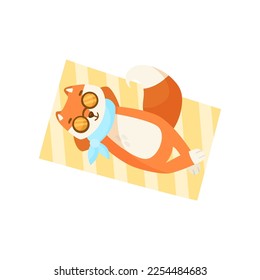 Funny cartoon character fox sunbathing on towel isolated on white background. Cute comic animal relaxing on beach vector illustration. Summer, holiday, wildlife concept
