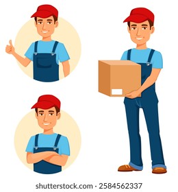 funny cartoon character of a friendly young man wearing blue work pants and red hat. Warehouse, logistics or delivery service worker. Isolated on white.