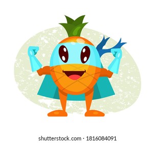 Gracioso personaje de caricatura fruta piña con traje de superhéroe que enmascara emoción con las manos arriba. Carácter vegetal producto súper héroe diversión traje vectorial ilustración aislado