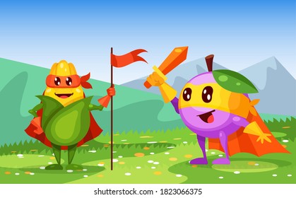 Funny cartoon character fruit plum in superhero costume at masks emotion with hands up, corn with flag in hand. Vegetable character super hero product fun food costume vector illustration isolated