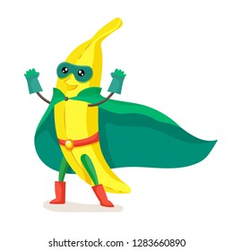 Funny cartoon character fruit in superhero costume. Concept of healthy diet, natural vegetarian organic products. Cute fruit banana in cloak super hero, mask, raising up hands. Vector illustration.