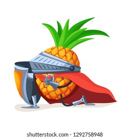 Funny cartoon character fruit in superhero costume. Concept of healthy diet, natural vegetarian organic products. Cute food fruit pineapple in suit of valiant knight, on one knee. Vector illustration.