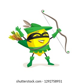 Funny cartoon character fruit in superhero costume. Concept healthy diet, natural vegetarian organic products. Cute food fruit lemon dressed as robin hood with bow, arrow in hand. Vector illustration.