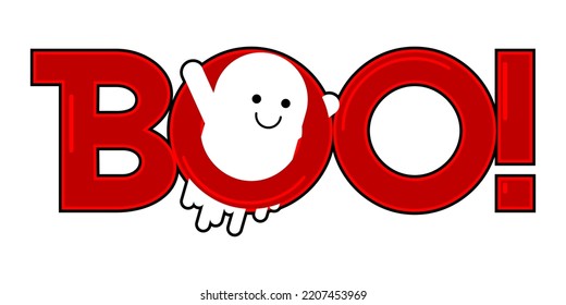 Funny cartoon character in ghost costumes for Halloween with Boo text. Fun spooky monsters icon, clip art, illustration.