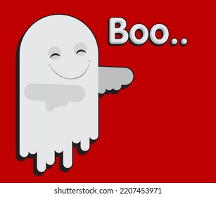 Funny cartoon character in ghost costumes for Halloween with Boo text. Fun spooky monsters icon, clip art, illustration.