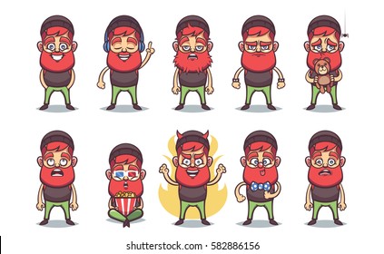 Funny Cartoon Character. Ginger Bearded Hipster - Vector Set