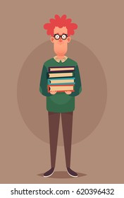 Funny Cartoon Character. Ginger Nerd Holding Books. Vector Illustration