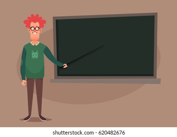 Funny Cartoon Character. Ginger Nerd Standing Near the Blackboard. Vector Illustration