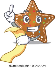 A funny cartoon character of gingerbread star with a menu