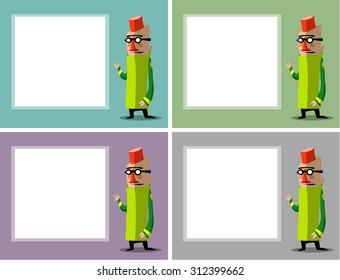 funny cartoon character with glasses and fez in front of poster for text
