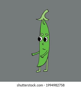 Funny cartoon character of green pea strings. Vegetables and fruits. Vector illustration. Isolated. Doodles. Comics. Coloring pages for children and adults.