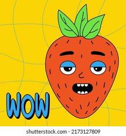 Funny cartoon character. Groovy element funky strawberry character. Wow. Vector illustration trendy retro cartoon style. Comic element for sticker, square poster, graphic tee print, card