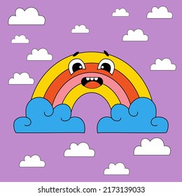 Funny cartoon character. Groovy element funky rainbow on an acid background with clouds. Vector illustration trendy retro cartoon style. Comic element for sticker, square poster, card