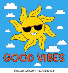 Funny cartoon character. Groovy element funky sun in dark glasses on sky with clouds. Vector illustration trendy retro cartoon style. Good vibes. Comic element for sticker, square poster, card