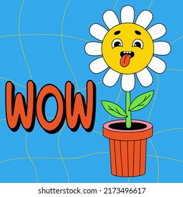 Ein lustiger Cartoon-Charakter. Groovy Element Funky Blume Kraft in Pot. Wow. Vektorgrafik-trendiger Retro-Cartoon-Stil. Comic-Element für Aufkleber, quadratisches Plakat, grafischer Abdruck, Karte