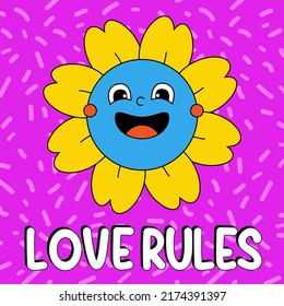 Caricatura divertida. El elemento groovy adorable poder floral funky. Cita de reglas de amor. Ilustración vectorial estilo retro de dibujos animados. Elemento cómico para pegatinas, afiche cuadrado, impresión gráfica, tarjeta