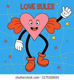 Funny cartoon character. Groovy element funky cute character heart with feet and hands with gloves. Love rules. Vector illustration trendy retro cartoon style. Comic element square poster, card