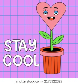 Funny cartoon character. Groovy element funky flowerpot plant heart with funny face. Stay cool. Vector illustration trendy retro cartoon style. Comic element for sticker, poster, card. neon colors