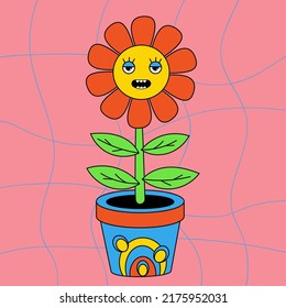 Funny cartoon character. Groovy element funky flower power. Wow. Vector illustration trendy retro cartoon style. Comic element for sticker, square poster, graphic tee print, card