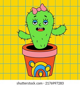 Ein lustiger Cartoon-Charakter. Groovy Element funky cactus mädchen mit bug in pot. Vektorgrafik-trendiger Retro-Cartoon-Stil. Comic-Element für Aufkleber, quadratisches Poster, Abdeckung, Karte. Helle Neonfarben