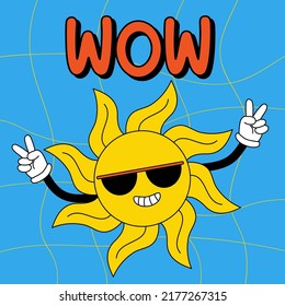 Funny cartoon character. Groovy element funky sun in dark glasses with gloved hands. Wow. Vector illustration trendy retro cartoon style. Comic element for sticker, square poster, card