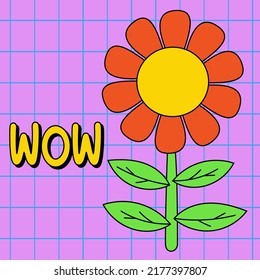 Funny cartoon character. Groovy element funky flower. Wow. Vector illustration trendy retro cartoon style. Comic element for sticker, square poster, graphic tee print, card