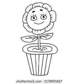 Funny cartoon character. Groovy element funky flower power in pot. Vector illustration trendy retro style. Linear hand drawn doodle. Comic element for design and decor, sticker, poster, print, card.