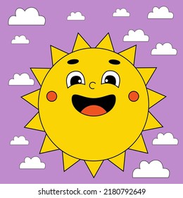 Caricatura divertida. El elemento Groovy funky sol sobre un fondo ácido con nubes. Ilustración vectorial estilo retro de dibujos animados. Elemento cómico para pegatinas, afiche cuadrado, impresión gráfica, tarjeta