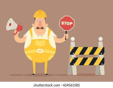 Funny Cartoon Character. Grumpy Builder Holding Stop Sign and Mouthpiece Near the Road Barrier. Vector Illustration