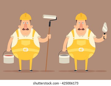 Funny Cartoon Character, Grumpy Builder Holding Roller, Putty Knife and Bucket. Vector Illustration