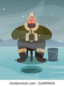 Funny Cartoon Character, Grumpy Man Fishing. Vector Illustration