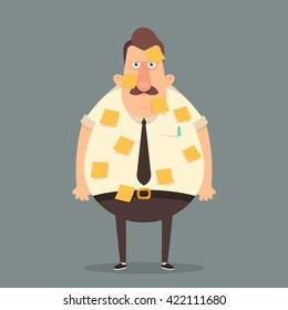 Funny Cartoon Character. Grumpy Office Worker With A Lot Of Short Notes For Urgent Work. Vector Illustration