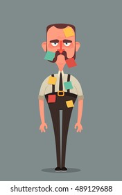 Funny Cartoon Character. Grumpy Office Worker with a Lot of Short Notes for Urgent Work. Vector Illustration