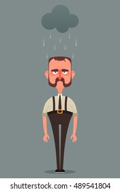 Funny Cartoon Character. Grumpy Office Worker Standing Under The Rainy Cloud. Vector Illustration