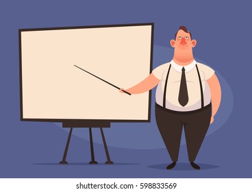 Funny Cartoon Character. Grumpy Office Worker Making a Presentation. Empty Board. Vector Illustration