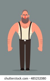 Funny Cartoon Character. Grumpy Strong Man. Vector Illustration