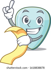 A funny cartoon character of guitar plectrum with a menu