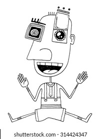 funny cartoon character guy with strange eyes jumping