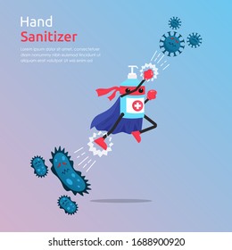 Funny cartoon character of hand sanitizer superhero fight against outbreak viruses and bacteria. Power of cleansing agent concept for prevention and fight disease. vector illustration