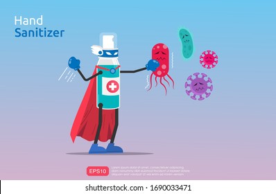 Funny cartoon character of hand sanitizer spray in superhero character fights against viruses and bacteria. Power of cleansing agent concept for prevention and fight disease. vector illustration